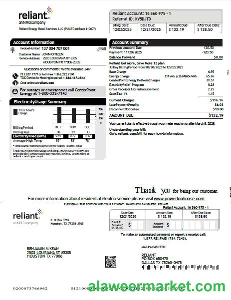 USA Reliant Energy utility bill template in Word and PDF formats, version 2